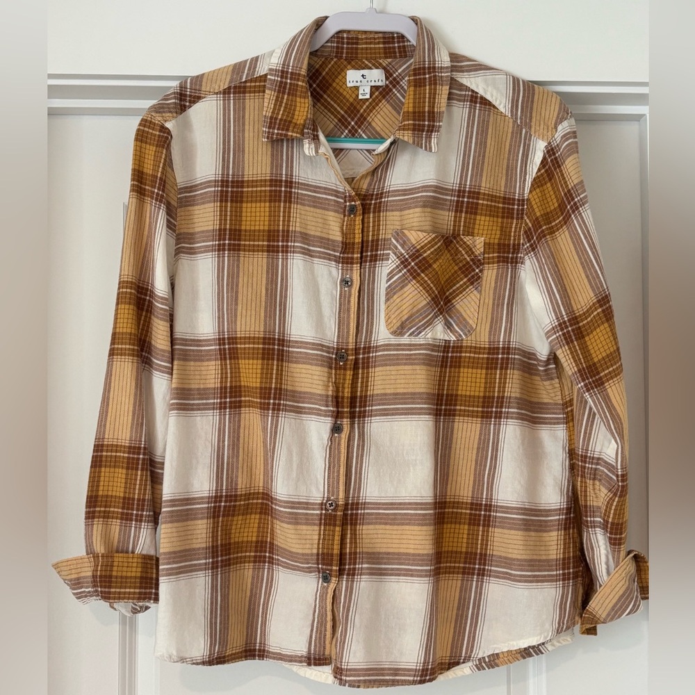 $5 for $15-Plaid Button-Up Shirt in Warm Tones
